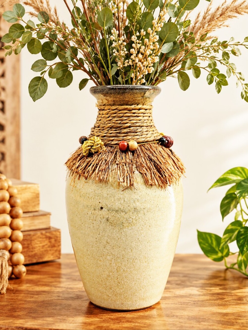 Boho Pottery Vase Raffia Rope Beaded Rustic Tribal Decor